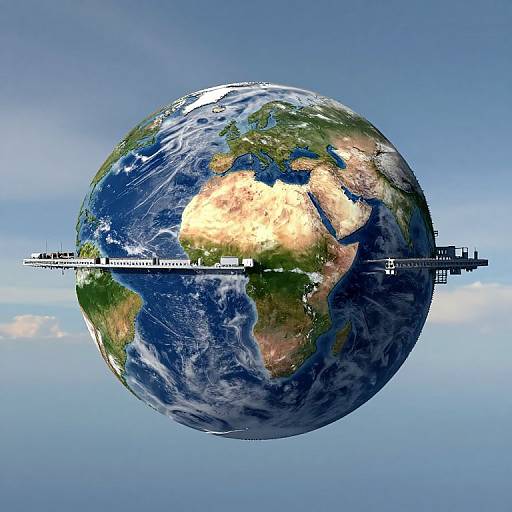 Digital illustration of Earth with a long, thin bridge connecting continents, set against a clear blue sky. Realistic globe textures and detailed satellite imagery.