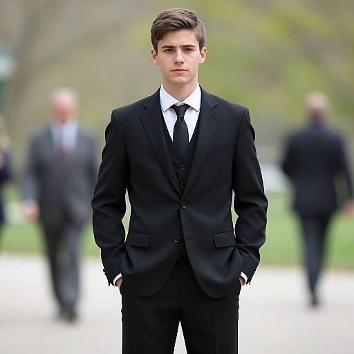 Photograph of a young, fair-skinned man with short brown hair, wearing a black suit, white shirt, and black tie, standing confidently with