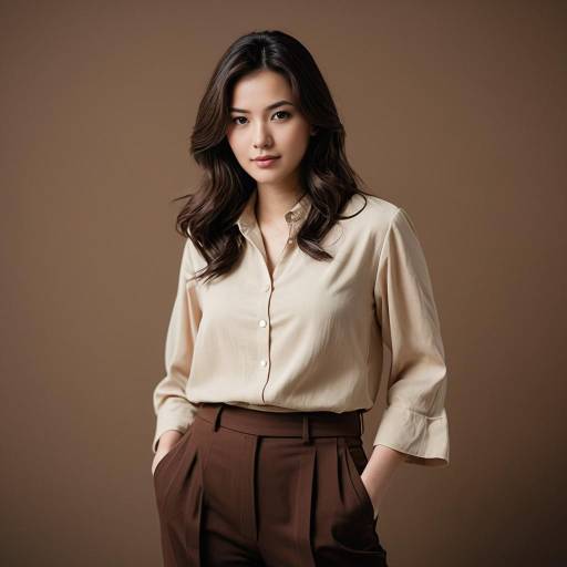 Elegant Woman in Beige Blouse and Brown Trousers