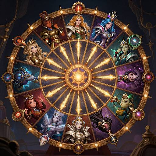 Digital artwork of a radiant, golden sunburst wheel with eight colorful, armored characters, each holding magical orbs, wearing crowns, and surrounded by glowing