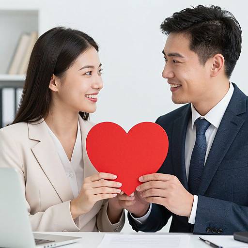 Photograph of an Asian man and woman in business attire, smiling at each other while holding a red heart-shaped object.