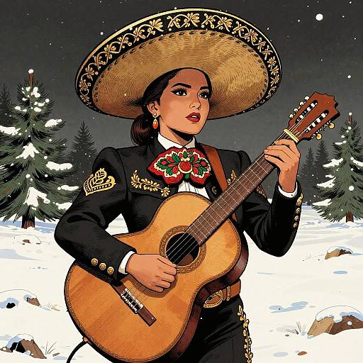 Female Mariachi in Snowy Christmas Field