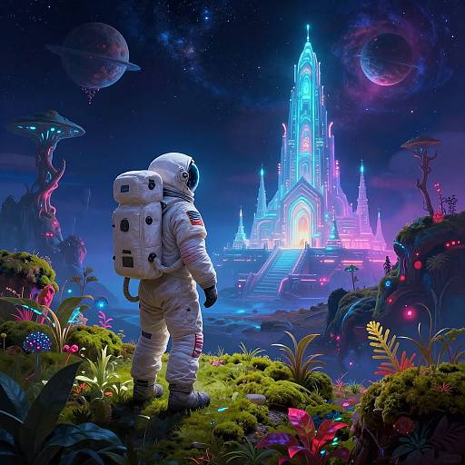 Digital artwork: Astronaut in white spacesuit stands on colorful, alien planet, gazing at glowing, futuristic neon castle under starry night sky.