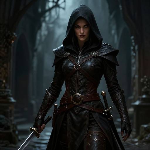 Dark fantasy digital artwork of a fierce, armored woman with hood, leather outfit, sword, and belt, standing in a misty, gothic forest