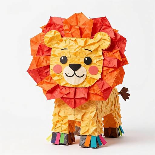 Colorful paper-crafted cartoon lion with a large, red-orange mane, yellow body, pink cheeks, and rainbow-colored feet, standing against a white