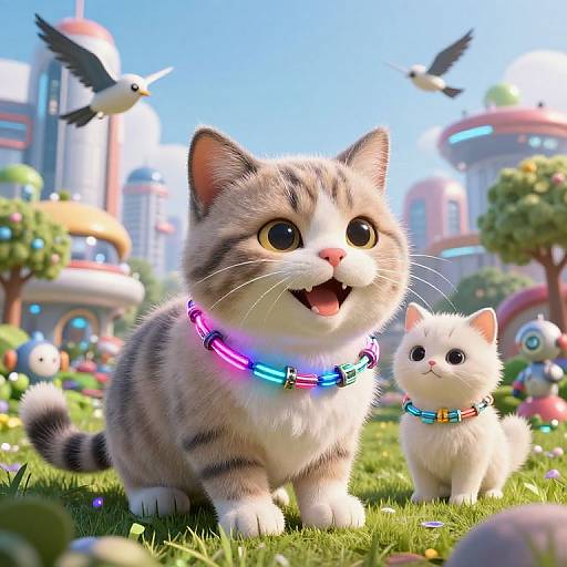 CGI image of two cute, wide-eyed kittens with colorful neon collars, standing on grass in a vibrant, sunny city park.