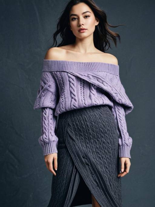 Woman in Lavender Off-Shoulder Knit Sweater and Charcoal Grey Skirt
