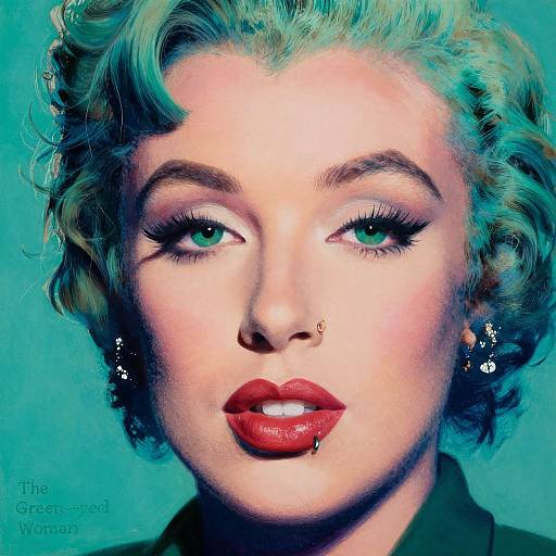 Digital portrait of Marilyn Monroe with teal hair, red lipstick, green eyes, and star earrings, set against a turquoise background.