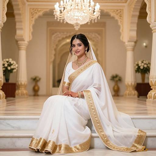 Photograph of an Indian bride in a white sari with gold trim, sitting on marble steps, in an ornate, chandelier-lit hall