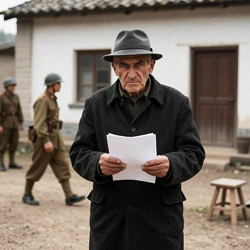 Intense Old Man Near Soldiers and Building