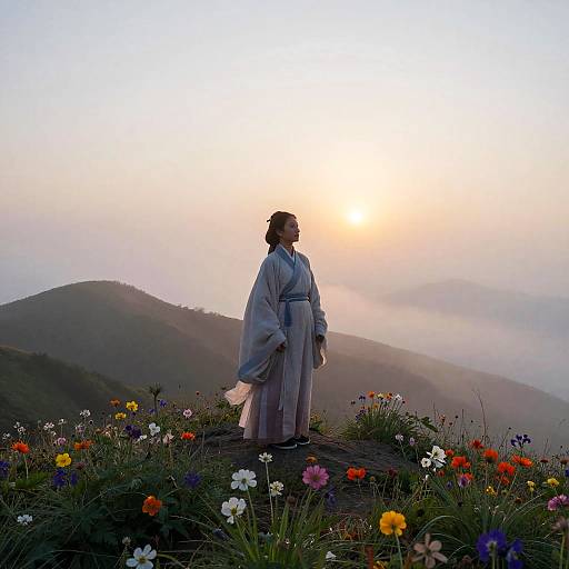Silhouetted woman in traditional kimono stands on mountain peak, surrounded by vibrant flowers, watching a misty sunrise. Photographic image.