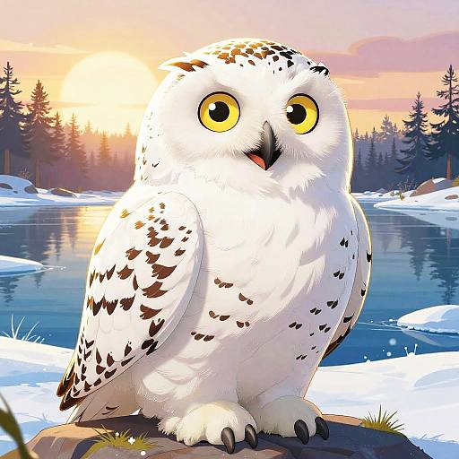 Digital illustration of a large, white owl with yellow eyes and black spots, standing on a snow-covered rock by a frozen lake at sunset, with pine