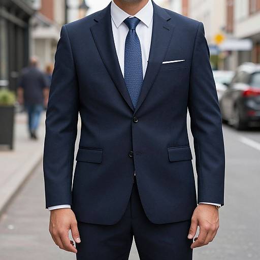 Photograph of a well-dressed man in a black suit, white shirt, and blue patterned tie, standing on a city street. Blurred