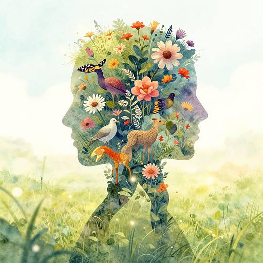 Digital illustration of a person's silhouette filled with vibrant flowers, butterflies, and birds, standing in a sunlit meadow.