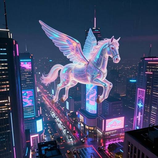 Iridescent Pegasus Over Cyberpunk Cityscape