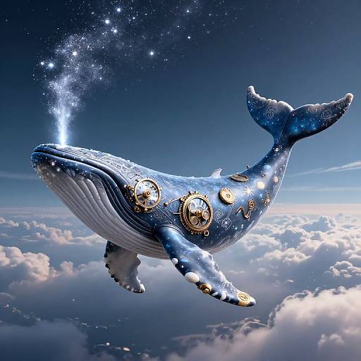 Digital artwork of a celestial blue whale with golden gears, sailing through a starry sky above fluffy clouds, emitting a bright light.
