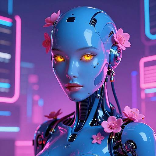 Photorealistic CGI of a blue-skinned, glowing yellow-eyed robot woman with pink cherry blossoms in her hair, set against a neon-lit