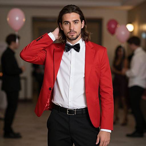 Photograph of a handsome man with medium-length brown hair, wearing a red tuxedo jacket, white shirt, black bow tie, and black pants