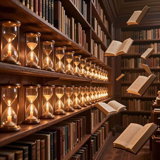 Photograph of a warmly lit library with shelves of books, glass lanterns, and floating open books, creating a magical, ethereal atmosphere.