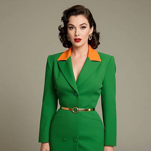 Photograph of a fair-skinned woman with dark, wavy 1940s-style hair, wearing a green suit with an orange collar, gold