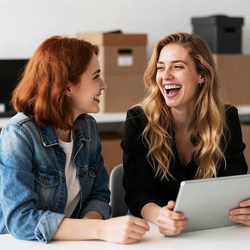 Two Women Laughing Together in Office Setting