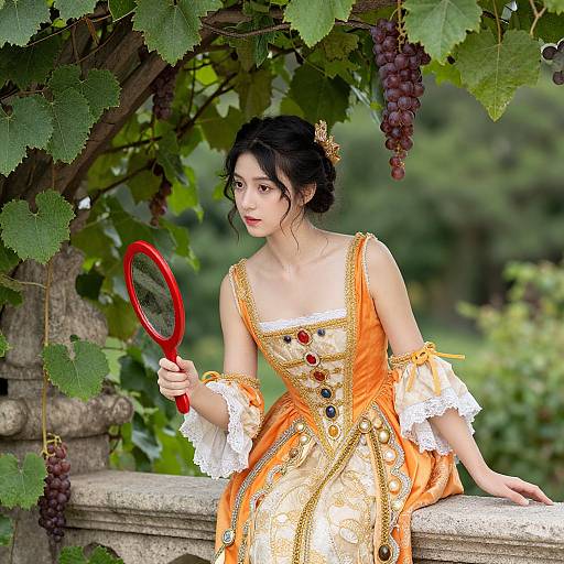 Photograph of an Asian woman in an orange and gold Renaissance-style dress, holding a red badminton racket, sitting among grapevines.