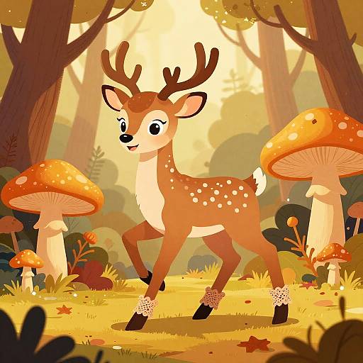 Cartoon-style illustration of a cute, brown deer with white spots standing in a sunlit forest, surrounded by large orange mushrooms.