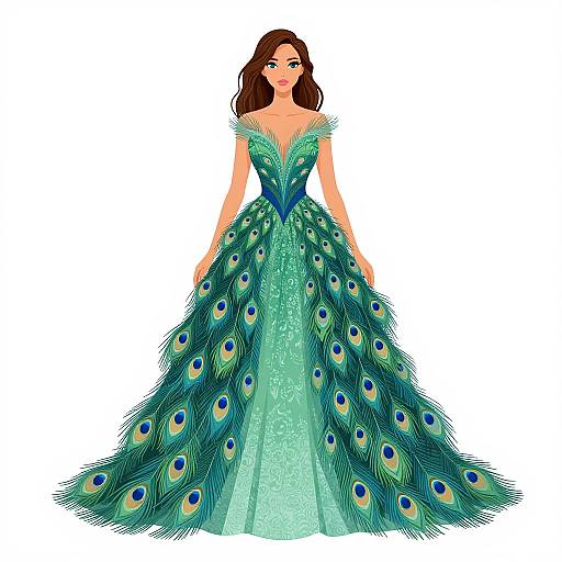 Digital illustration of a fair-skinned woman with brown hair in a peacock-themed, green and blue, beaded evening gown with peacock feather details
