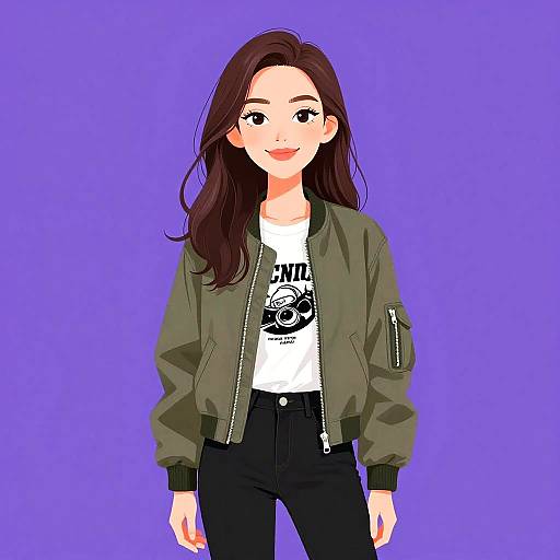Digital anime-style drawing of a smiling girl with long brown hair, wearing an olive green bomber jacket, white graphic t-shirt, and black jeans, against