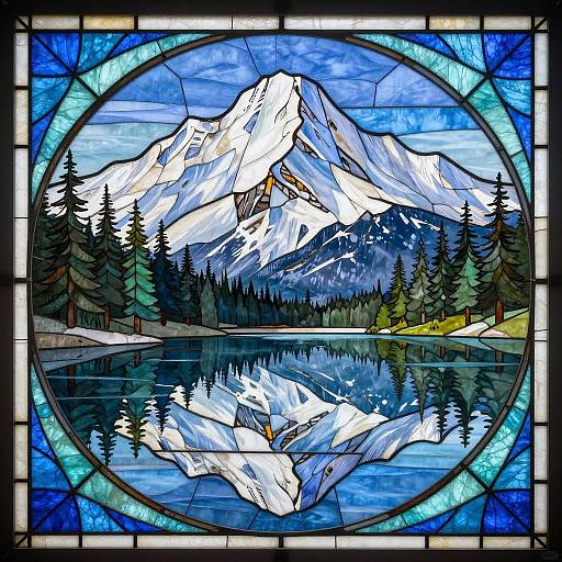 Stained Glass Snowy Mountain Scene