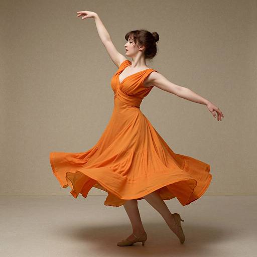 Photograph of a woman in an orange, sleeveless, flowing dress, dancing with outstretched arms and a graceful pose, against a beige background