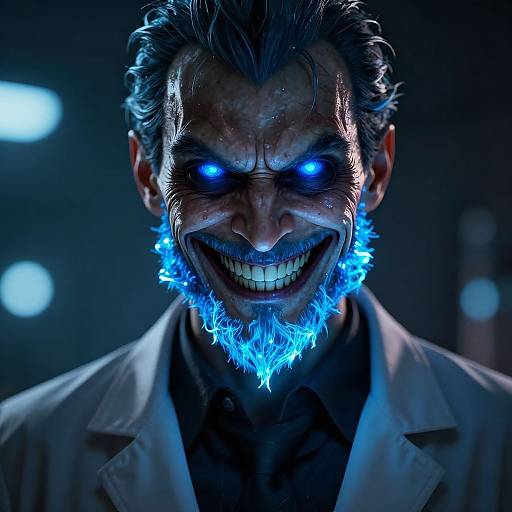 Digital art of a menacing man with glowing blue eyes, blue fire beard, and sinister grin, wearing a lab coat. Dark, eerie background with blurred