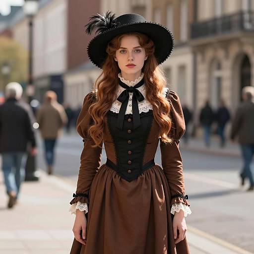 Victorian Style Woman in Brown Dress and Black Hat