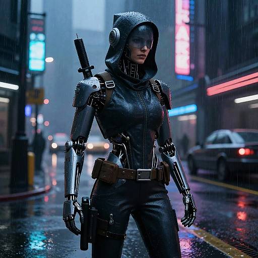 Cyberpunk woman in black hooded leather suit with robotic arms, carrying a gun, walking in rainy urban neon-lit street.