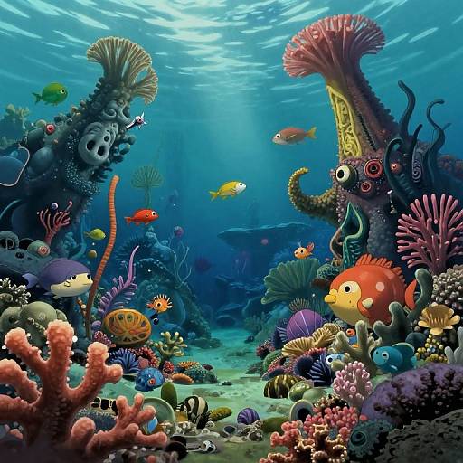 Vibrant underwater scene: colorful fish, whimsical sea creatures, coral, and sea plants in a sunlit, blue-hued ocean landscape.
