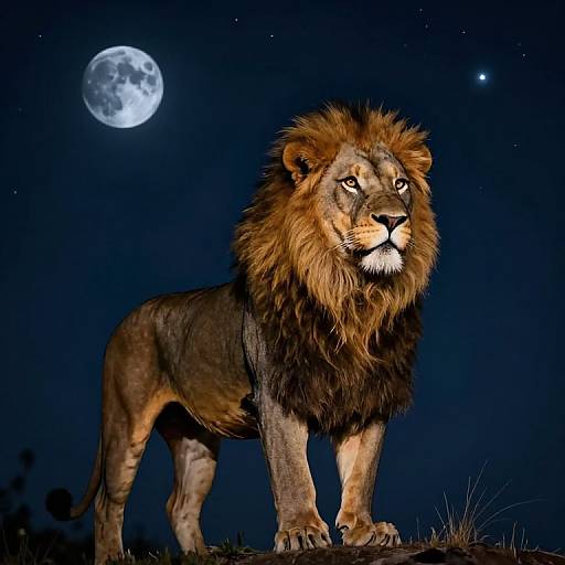 Photograph of a majestic lion with a dark mane, standing under a moonlit night sky, stars visible in the background.