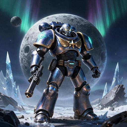 Space Marine in Iridescent Void-Steel Armor on Frozen Moon
