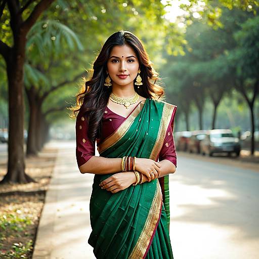 Indian Woman in Traditional Silk Saree on Tree-lined Street
