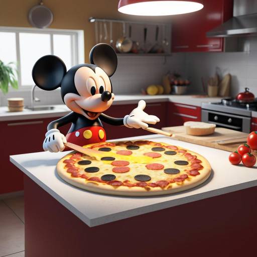 Mickey Mouse Making Pepperoni Pizza in Modern Kitchen