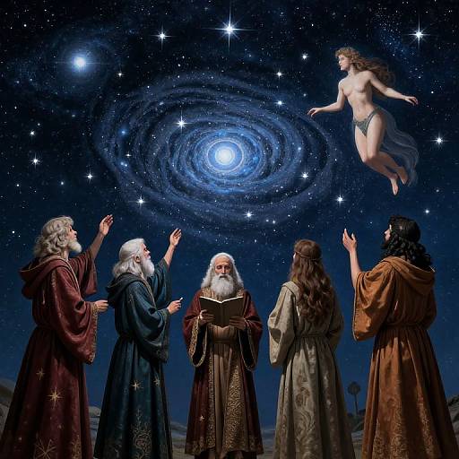 Five robed figures gaze at a glowing spiral galaxy and a floating, nude, ethereal woman with long hair against a starry night sky. Digital