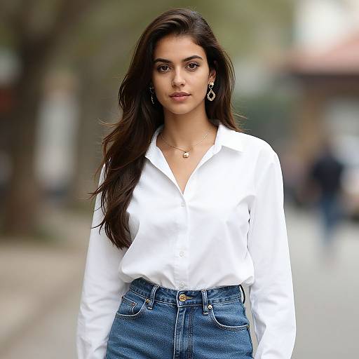 Photograph of a young woman with long dark hair, wearing a white button-up shirt and high-waisted blue jeans, standing on a blurred urban