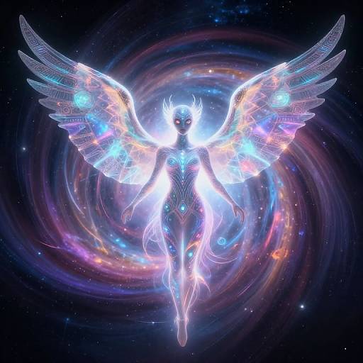 Digital art of a glowing, ethereal angel with translucent wings, neon blue and pink accents, floating against a swirling galaxy background.