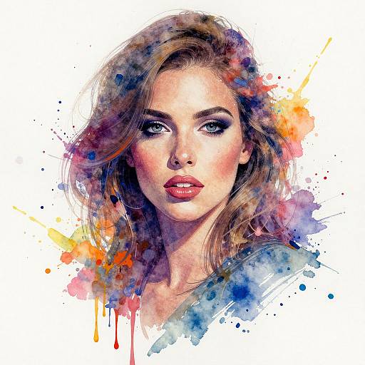 Watercolor portrait of a beautiful woman with wavy brown hair, blue eyes, and pink lips, surrounded by vibrant splashes of blue, orange,