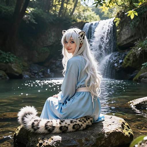 Backlit Snow Leopard Anthro by Waterfall