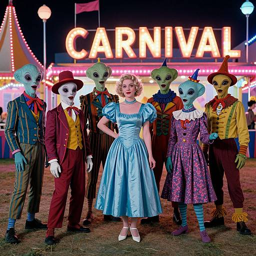 Photograph of a carnival night scene featuring a blonde woman in a blue Victorian dress, surrounded by six alien performers in colorful outfits and top hats, with