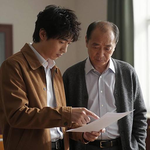 Two Men Analyzing Documents in Shadows
