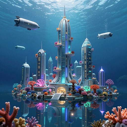 Photorealistic CGI: Futuristic underwater city with neon-lit skyscrapers, colorful coral reefs, and flying airships, illuminated by sunlight from