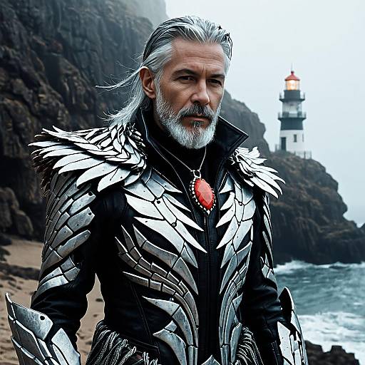 Silver-Haired Nomad Man in Cyberpunk Armor by Lighthouse