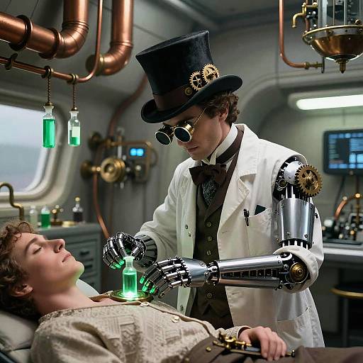 Photograph of a steampunk-style scene: a top-hatted man with robotic arm administering green liquid to a reclining woman in a lab with