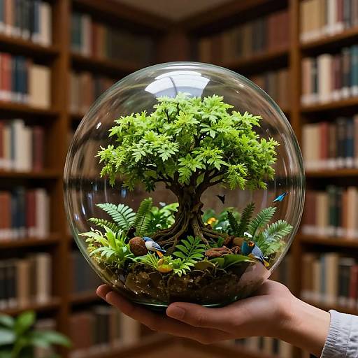 Photograph of a hand holding a glass globe with a vibrant green bonsai tree, ferns, and small colorful figurines, set against a blurred